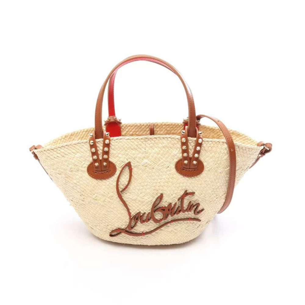 Christian Louboutin CABATA Spike Stud Handbag Leather Raffia Beige Cream Brown